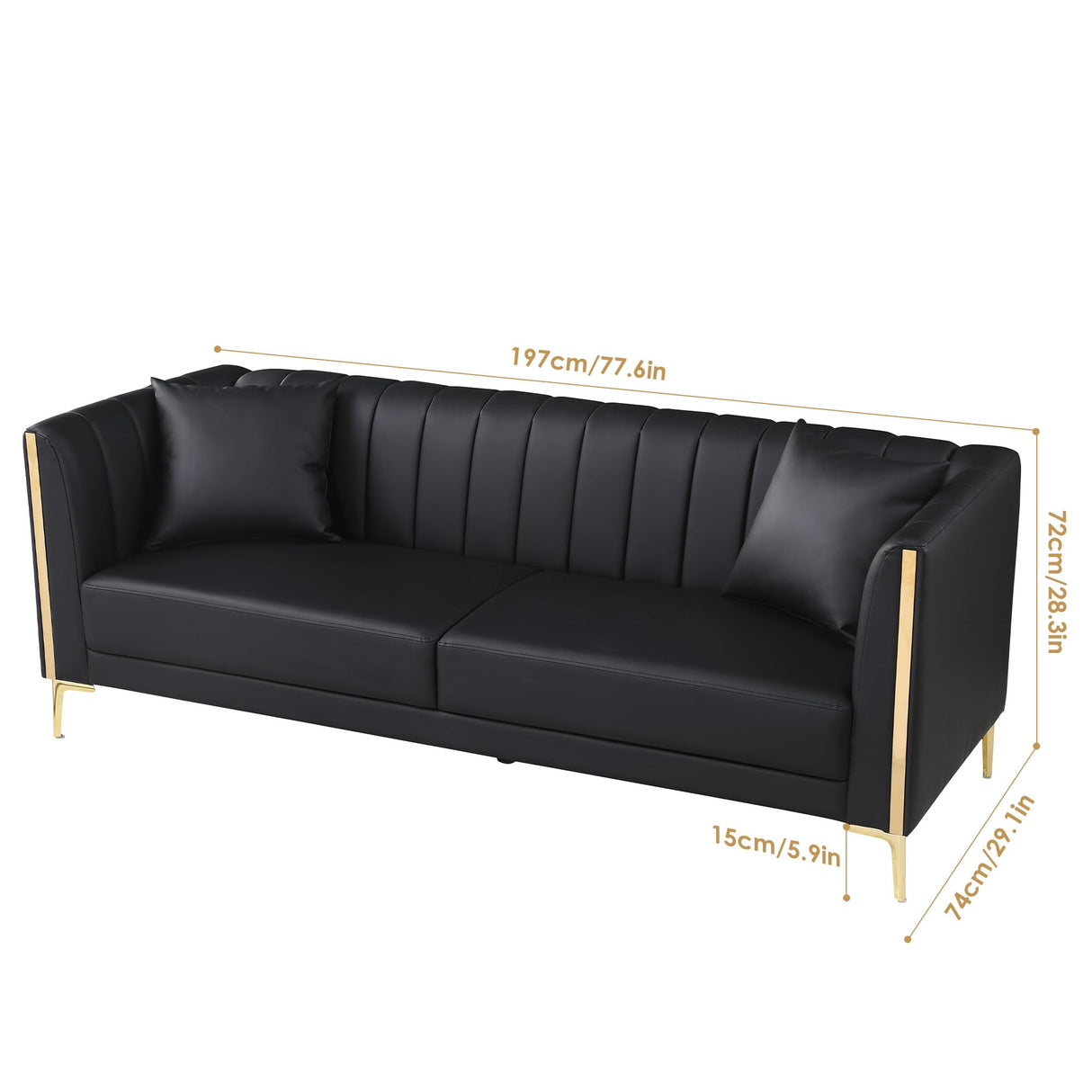 FOTOSOK 78'' Sofa, Black Sofas Couches for Living Room, Comfy Sofa Faux Leather Sofa 3 Seater Sofa with 2 Throw Pillows and Gold Metal Legs, Deep Seat Sofas for Living Room (Black) FOTOSOK