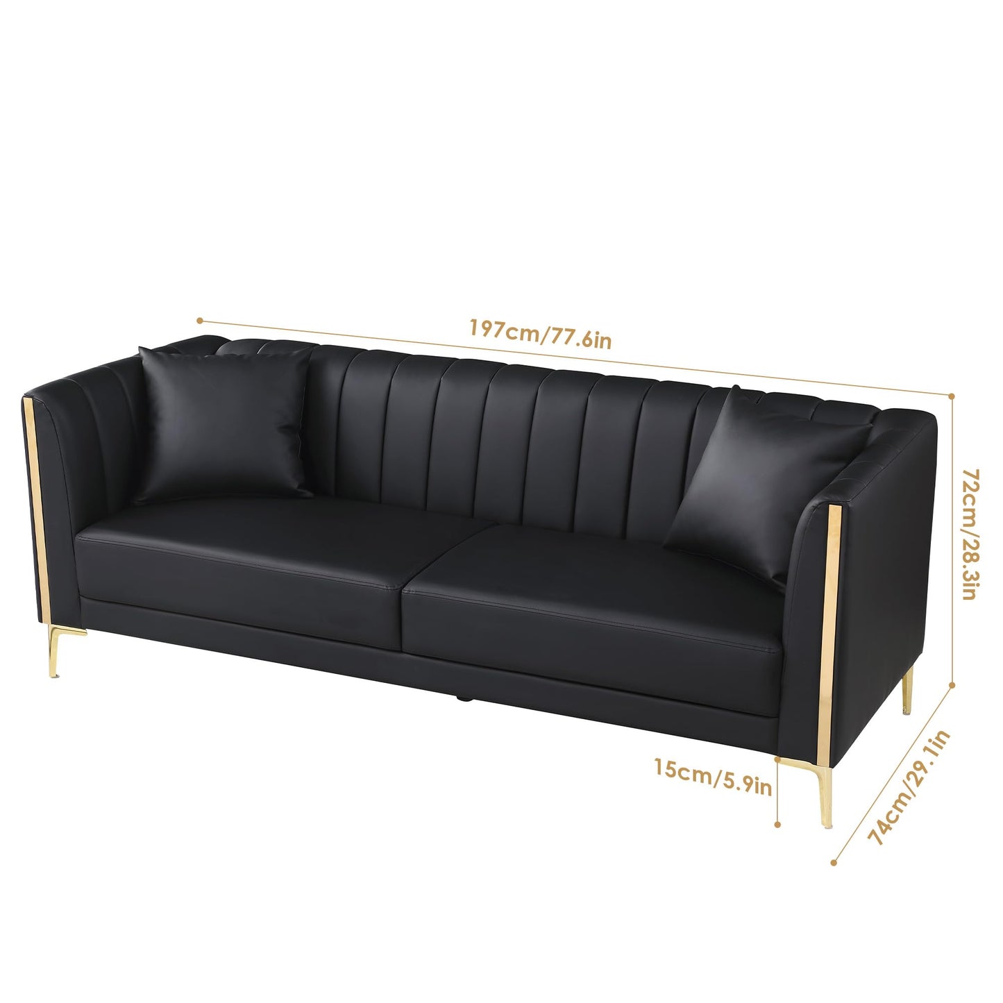 FOTOSOK 78'' Sofa, Black Sofas Couches for Living Room, Comfy Sofa Faux Leather Sofa 3 Seater Sofa with 2 Throw Pillows and Gold Metal Legs, Deep Seat Sofas for Living Room (Black)