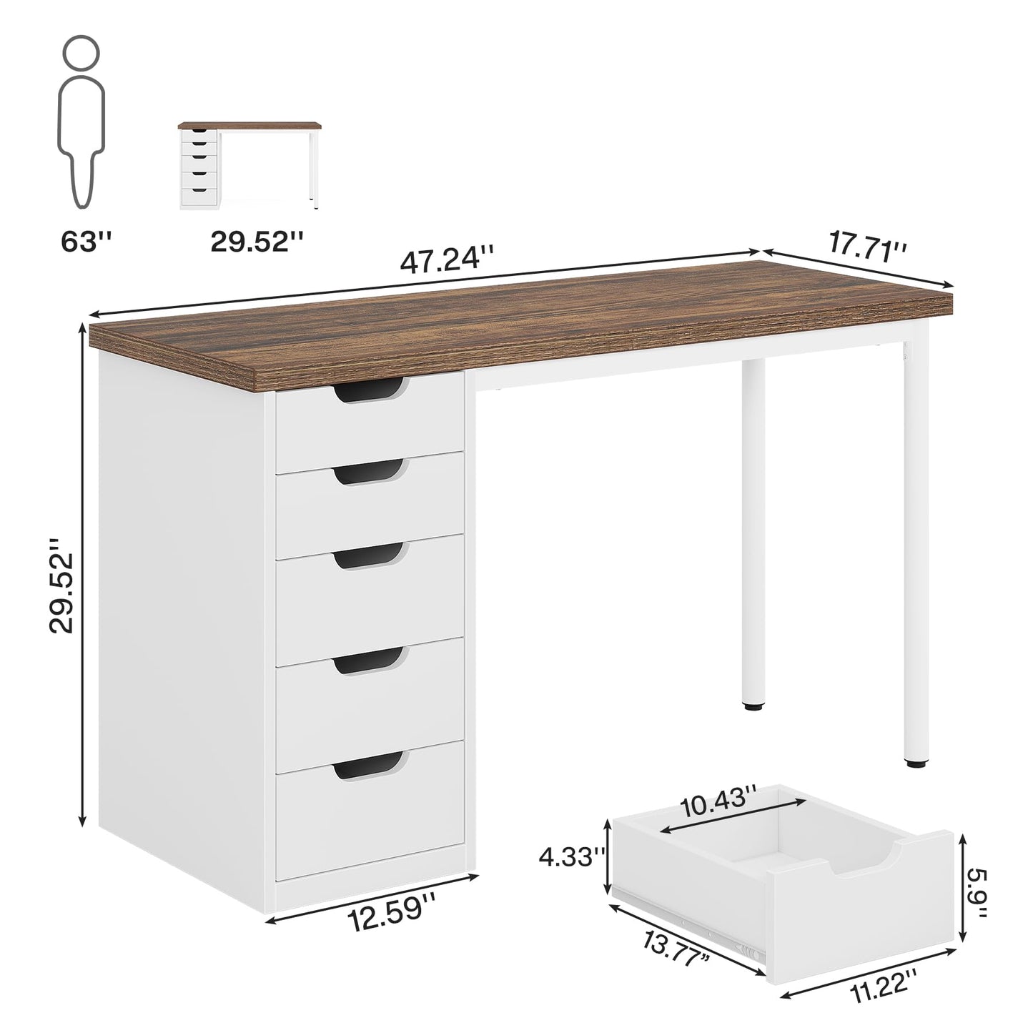 Tribesigns Computer Desk with 5 Drawers, 47 inches Rustic Brown Home Office Desk with Storage, Modern Simple Laptop Desk Study Writing Table for Small Spaces (Reversible Drawer Cabinet) - WoodArtSupply