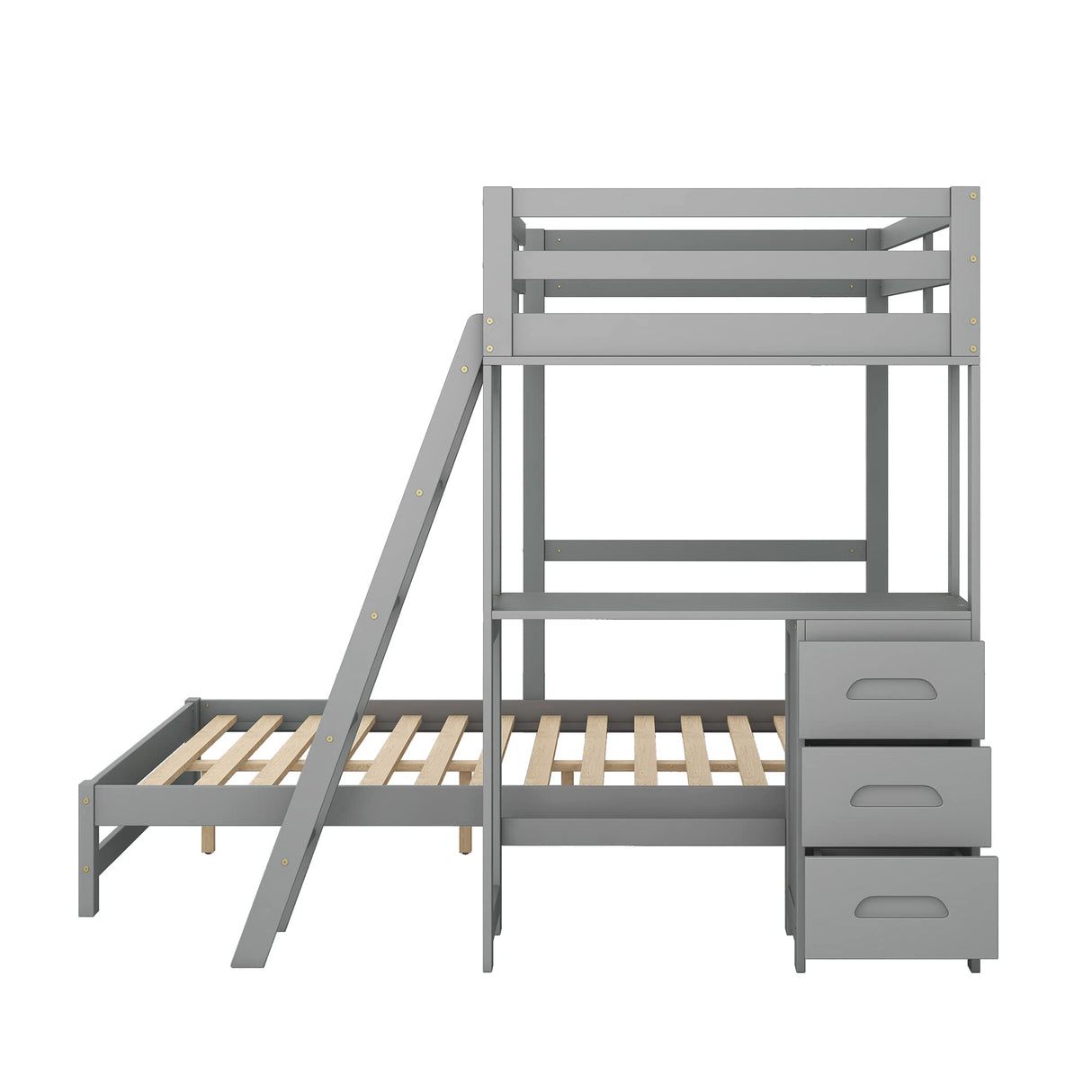 Merax Twin Over Full Bunk Bed with Ladder & Guardrails, Solid Wood Bunk Beds Frame with Built-in Desk and 3 Drawers, Split into Twin Size Loft Bed & Full Size Platform Bed, No Box Spring Needed, Gray Merax