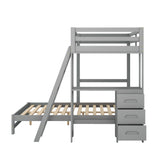 Merax Twin Over Full Bunk Bed with Ladder & Guardrails, Solid Wood Bunk Beds Frame with Built-in Desk and 3 Drawers, Split into Twin Size Loft Bed & Full Size Platform Bed, No Box Spring Needed, Gray Merax