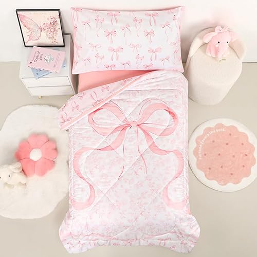 DAYEEBALL 4 Piece Toddler Bedding Set, Ultra Soft and Breathable Toddler Comforter Sets for GirlsIncludes Quilted Comforter, Fitted Sheet, Flat Sheet and Pillowcase, Pink Bow DAYEEBALL