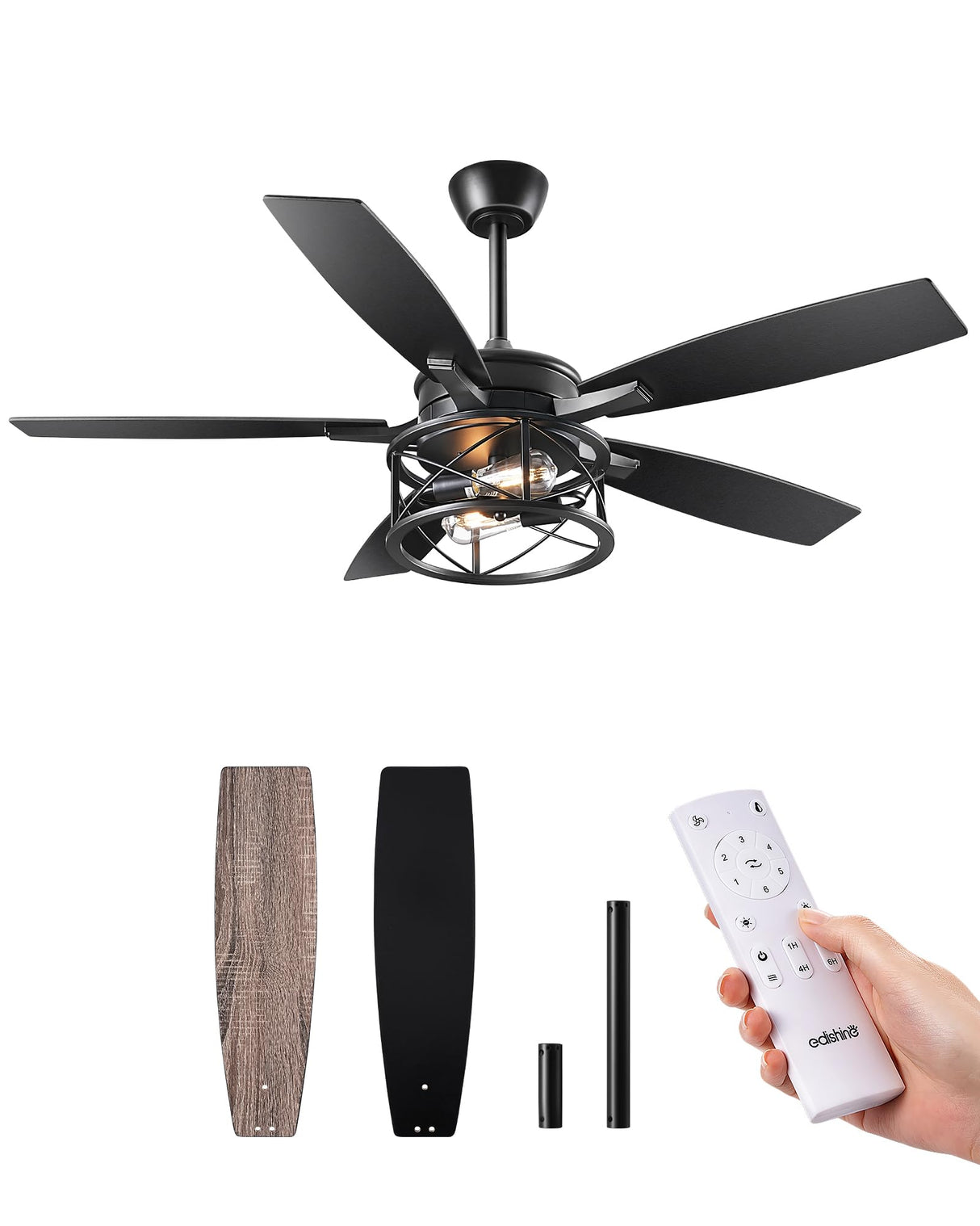 EDISHINE 52" Black Farmhouse Ceiling Fans With Lights, Remote Control, Reversible DC Motor, Dimmable, 5 Wooden Blades Rustic Indoor/Outdoor Ceiling Fan for Living Room Bedroom Porch EDISHINE