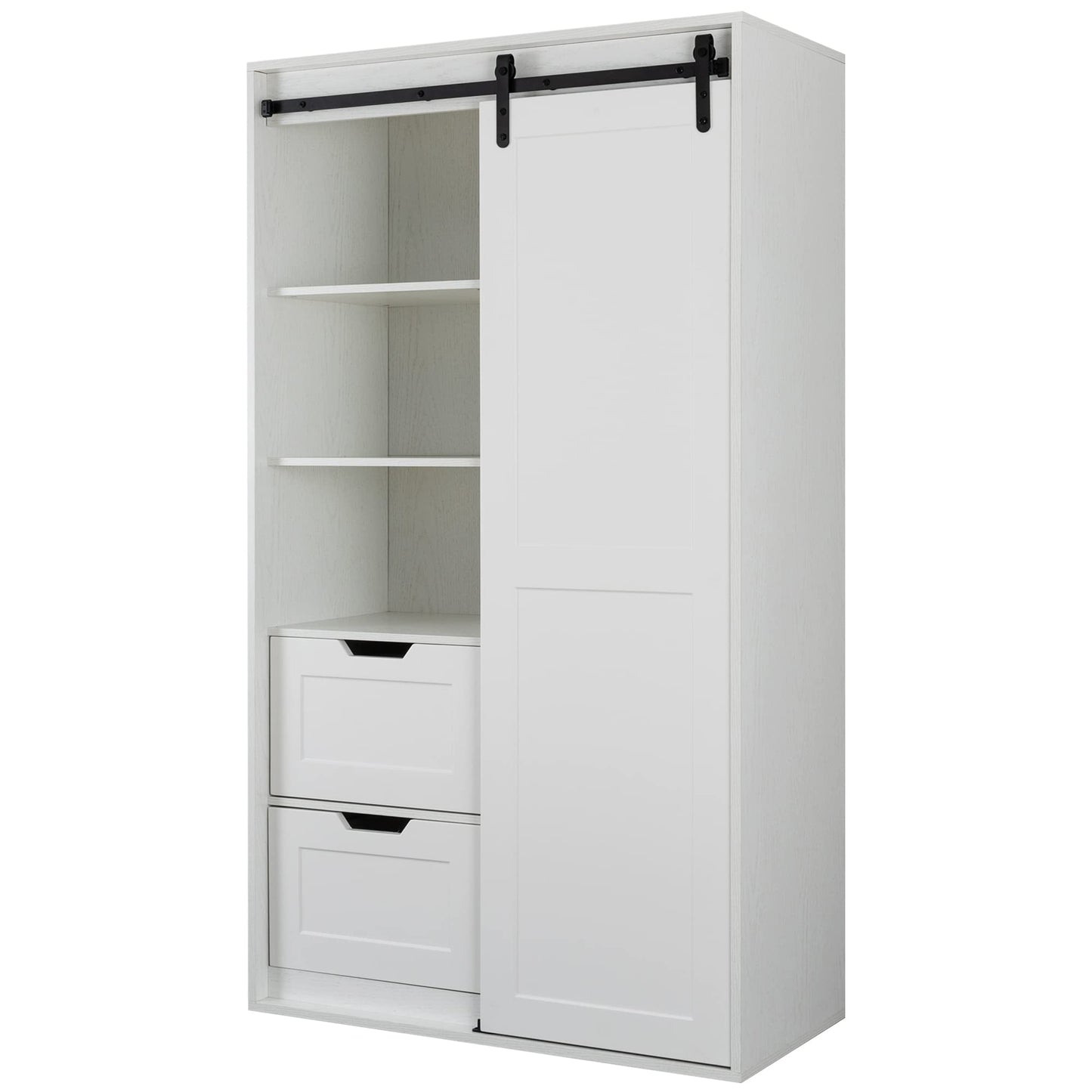 71 inch Tall Bedroom Armoire Wardrobe Closet Clothing Storage Cabinet with Hanging Rod Barn Door Drawers Open Shelves (White)