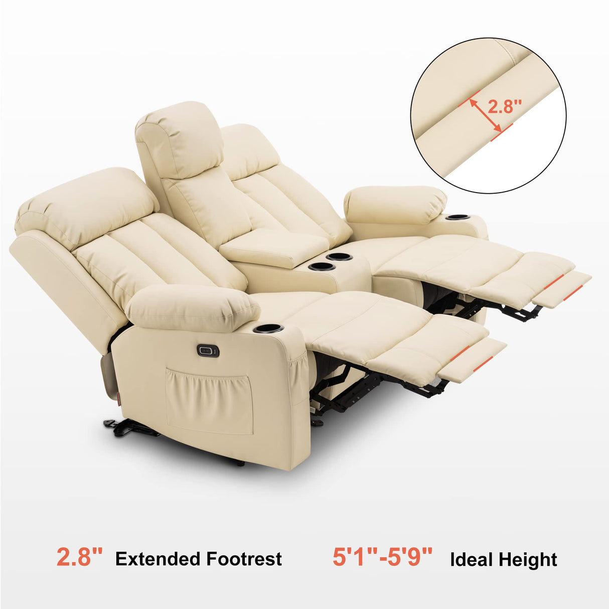 MCombo Power Loveseat Recliner with Console, Heat and Vibration Massage, Reclining Loveseat Sofa with USB Ports, Cup Holders for Living Room, Faux Leather 6095 (Cream White) MCombo