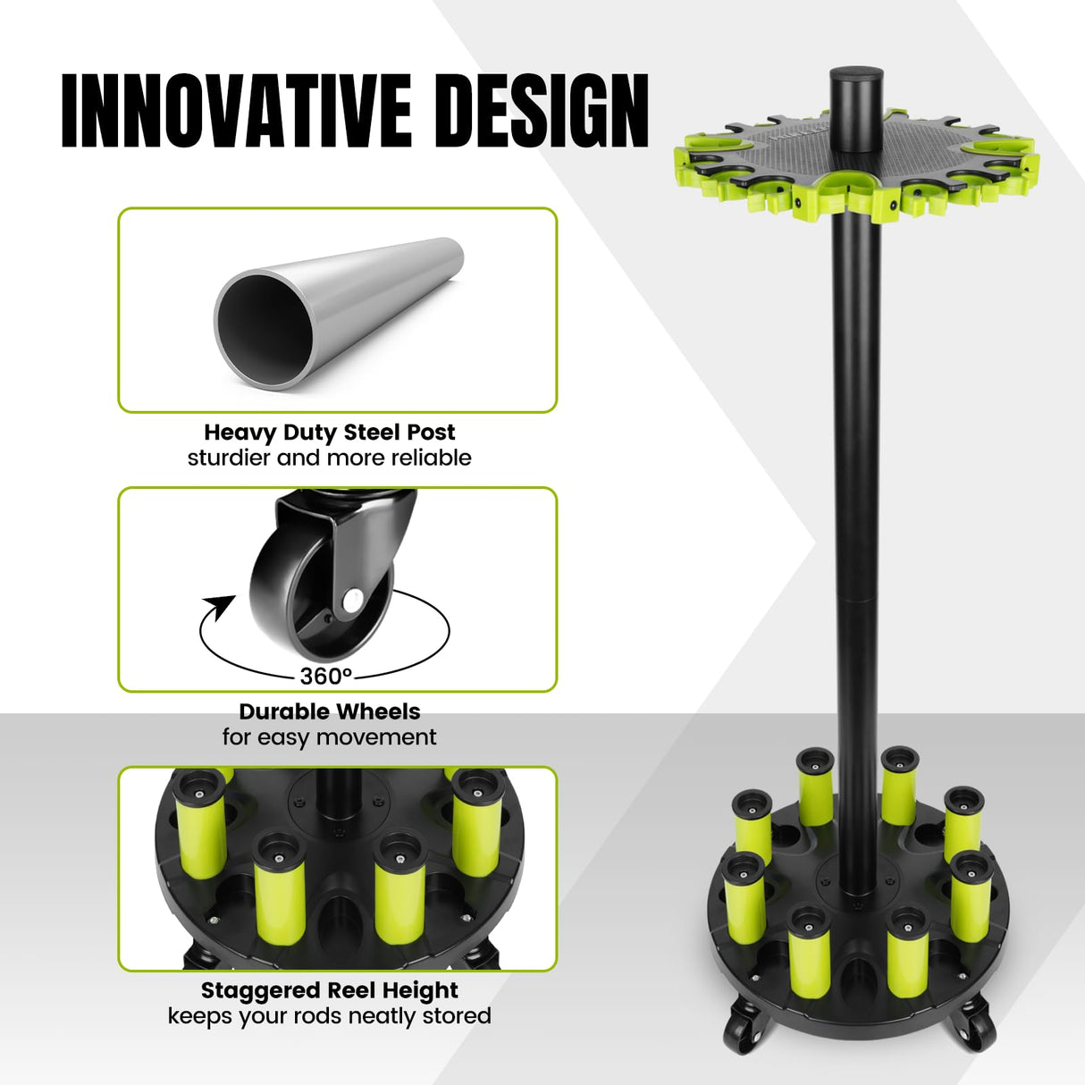 Hikeen Fishing Rod Holder, Fishing Pole Holders for Garage, Rod Rack Holds Up to 20 Rods with Rolling Wheels, Fishing Gear Equipment Storage Organizer, Fishing Gifts for Men Hikeen