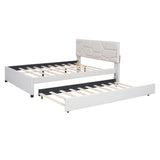 DNYN Queen Size Upholstered Platform Bed with Trundle（Twin XL） for Kids,Adult,Solid Wood Linen Bedframe w/Brick Pattern Headboard,No Box Spring Needed & Super Save Space, Beige DNYN
