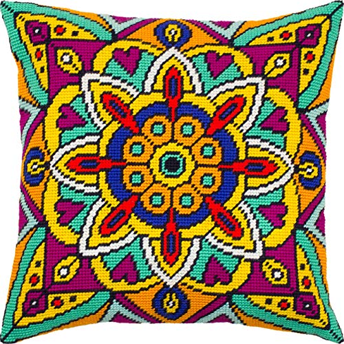 Brvsk Ornamental Embroidery Kit for Adults and Beginners — Mandala 16″ × 16″ with Clear, Precise Printed Design on Cotton Canvas; Includes 2 Needles, Yarn, and Easy-Read Chart