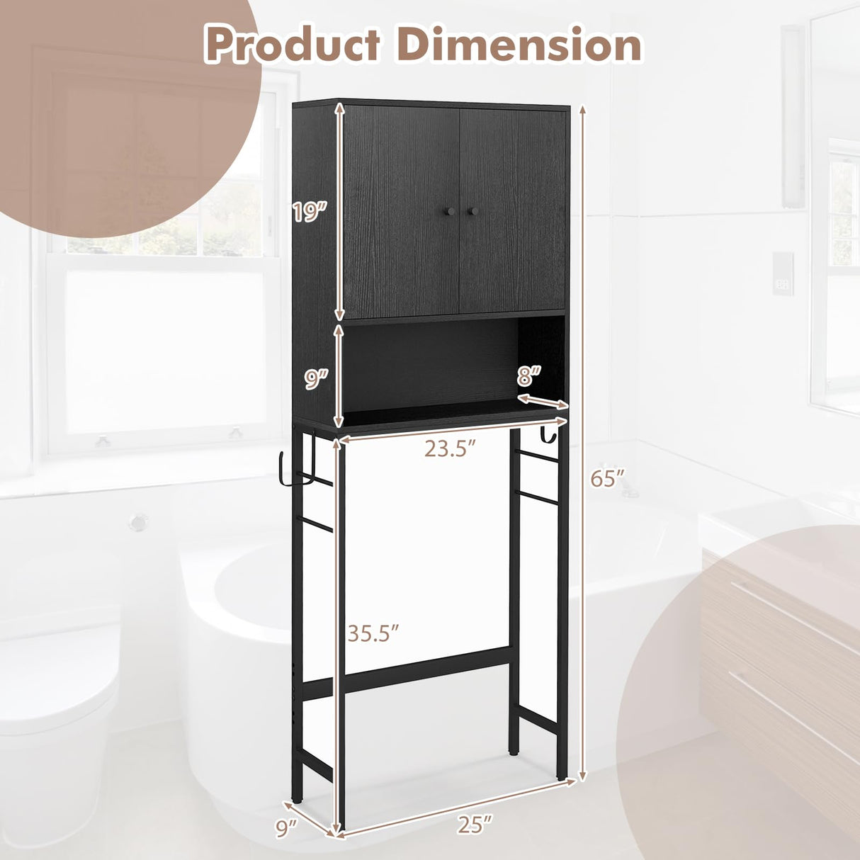 Tangkula Over The Toilet Storage Cabinet, Bathroom Space Saver with 2 Doors, Adjustable Shelf, 2 Side Hooks, Metal Stand, Freestanding Above Toilet Storage Cabinet for Restroom, Laundry (Black) Tangkula