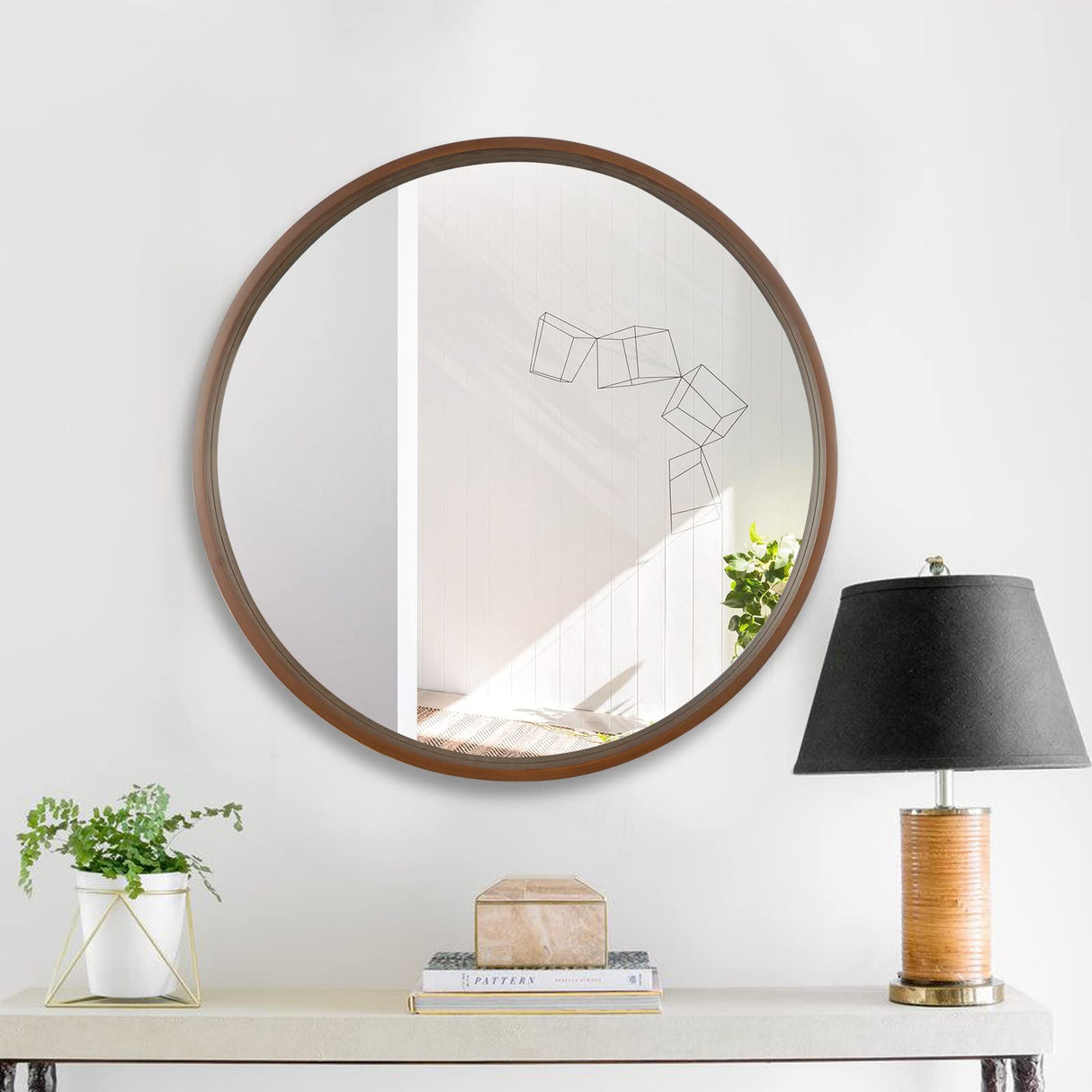 WallBeyond Circle Mirror with Wood Frame, 28" Round Modern Decoration Large Home Decor Mirror for Bathroom Living Room Bedroom Entryway (28" Diameter, Walnut) WallBeyond