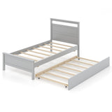 KOMFOTT Twin Bed Frame with Trundle, Wood Bed Frame with Pull-Out Trundle, Headboard & Footboard, Wooden Slat Support, No Box Spring Needed, Mattress Foundation (Grey) KOMFOTT