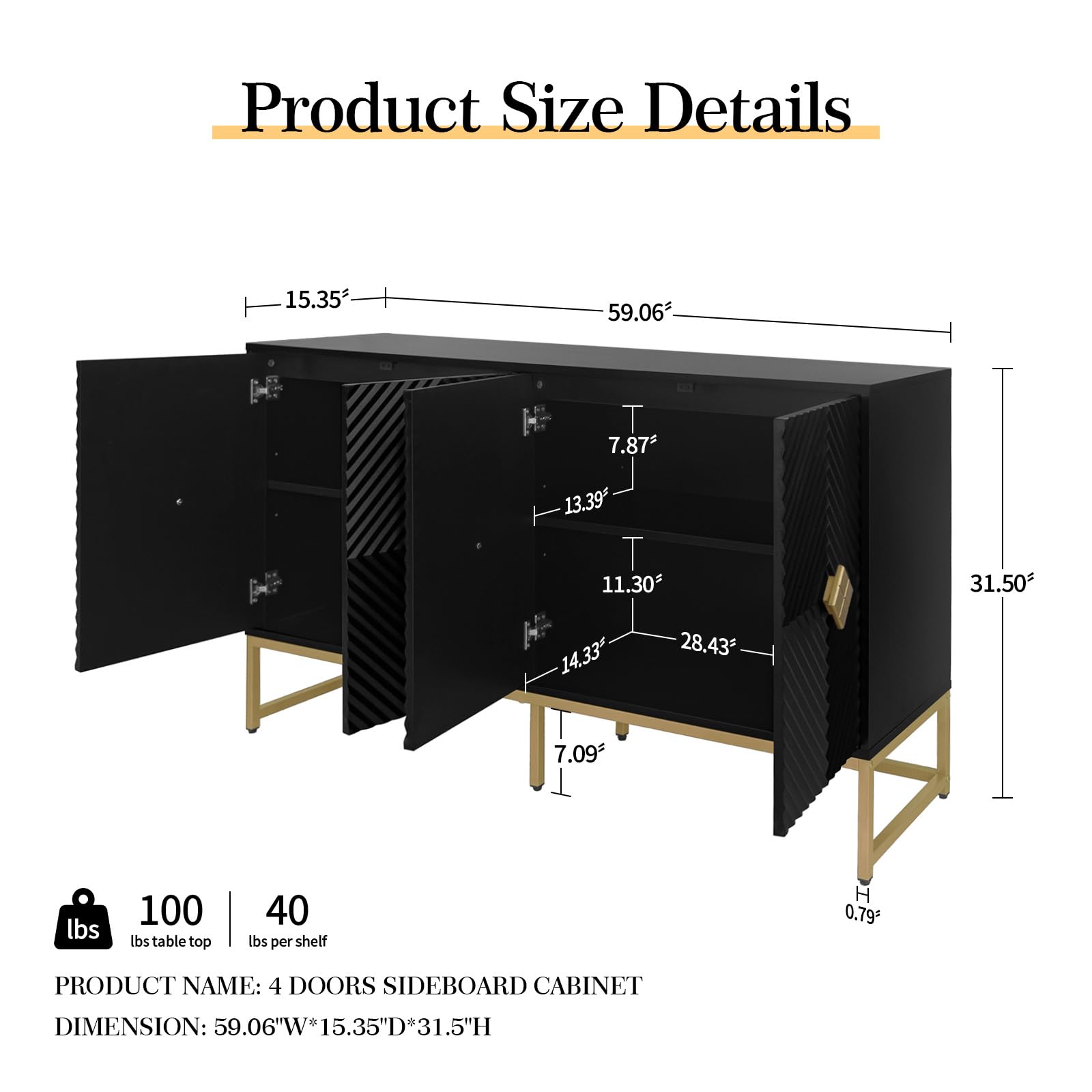 YHAOWORKS Sideboard Buffet Cabinet with Storage - Accent Storage Cabinet with Doors, Wood 4 Doors Cabinet with Metal Legs, 60" Buffets & Sideboards, Modern Credenza for Living Room (Black) - WoodArtSupply