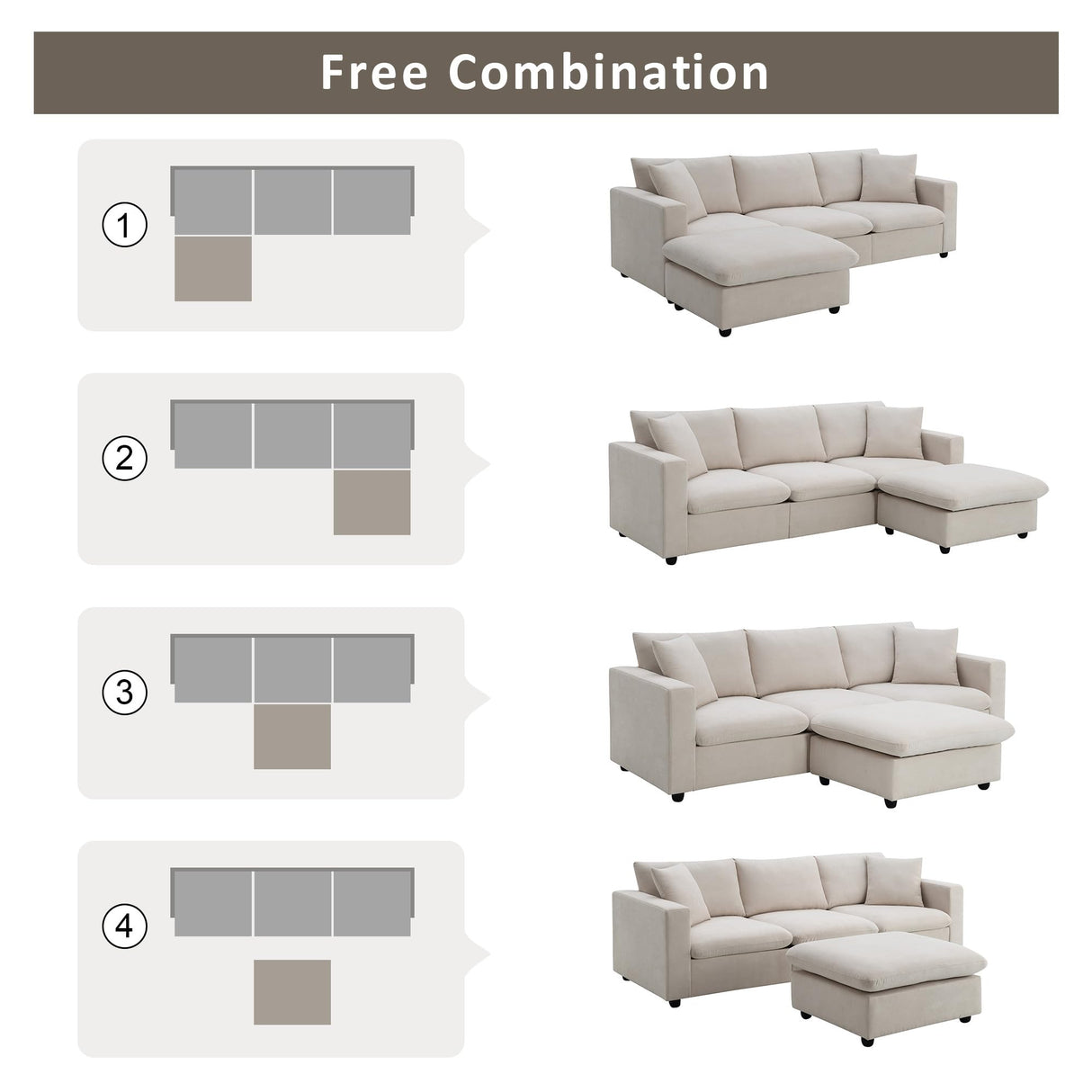 Tmsan 100.4" Beige Cloud Couches for Home Living Room Sofa Set, Modern L Shaped Sectional Couch with Convertible Ottoman, 4 Seater Comfy Polyester Fabric Modular Sofa for Apartment Bedroom Office Tmsan