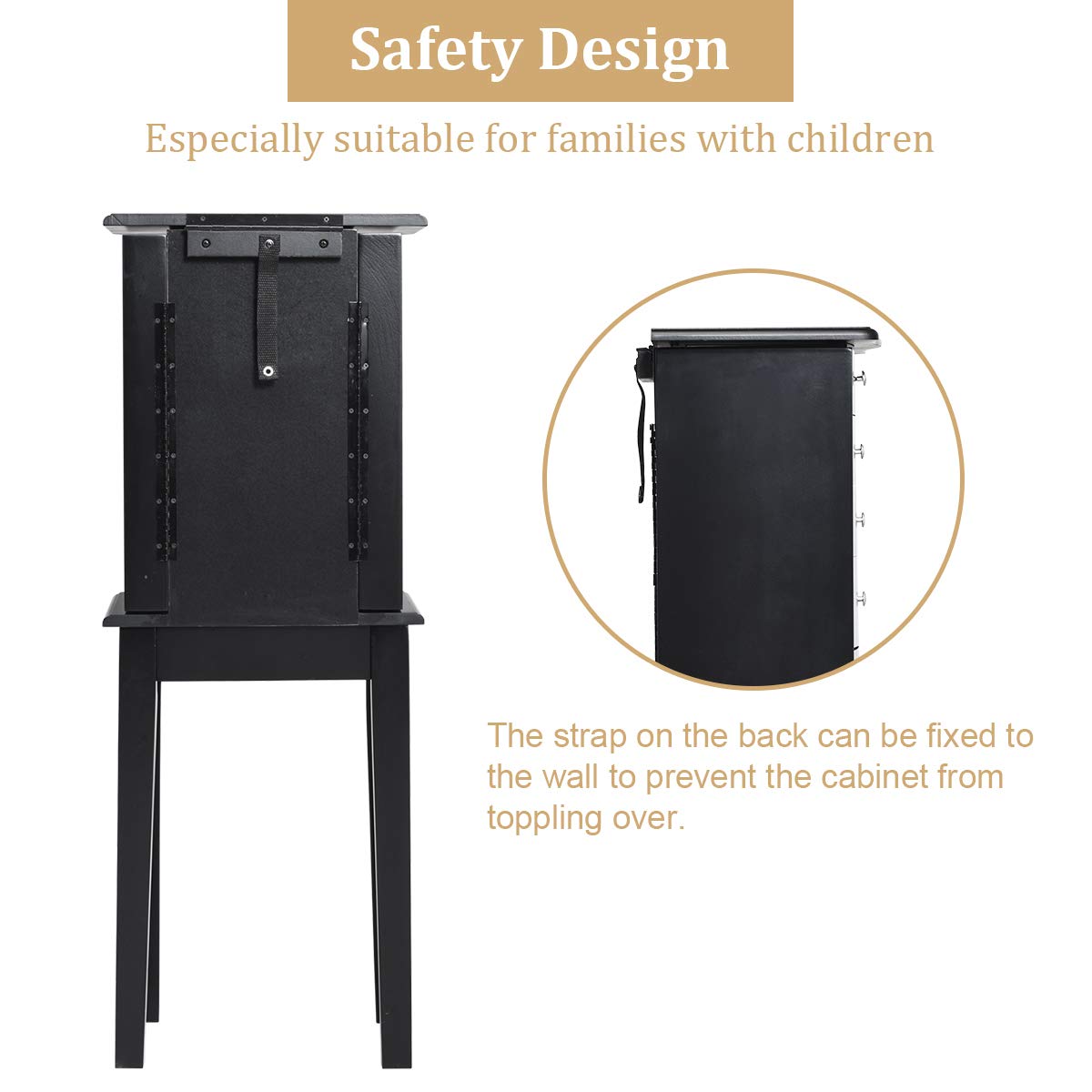 Giantex Jewelry Chest Armoire Cabinet Standing with Mirror, Wood Large Ring Necklace Storage Box Top Flip Makeup Mirror Classic 33" Tall Bedroom Armoires for Jewellery Cabinets Organizer w/ 5 Drawers Giantex