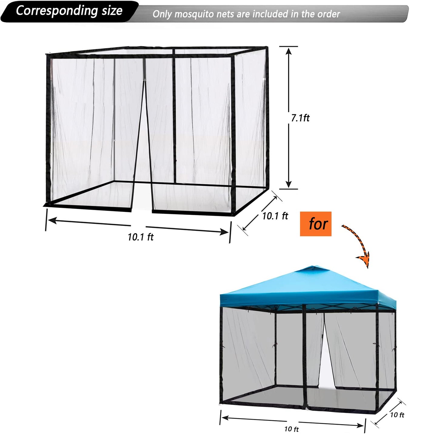 10x10 Mosquito Netting for Patio Camping Gazebo/Pop Up Canopy Tent,Double Door Side Screen Easy Installation Black（Only Mosquito Net No Frame） (Embedded 10x10)