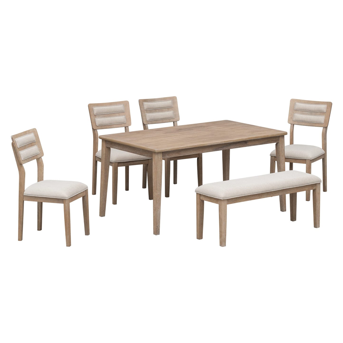 Merax 6 Piece Kitchen Dining Table Set, 60 inch Wooden Rectangular Table with 4 Upholstered Chairs and a Bench, Dining Room Table Set for 6 People, Living Room Furniture (Natural Wood Wash)