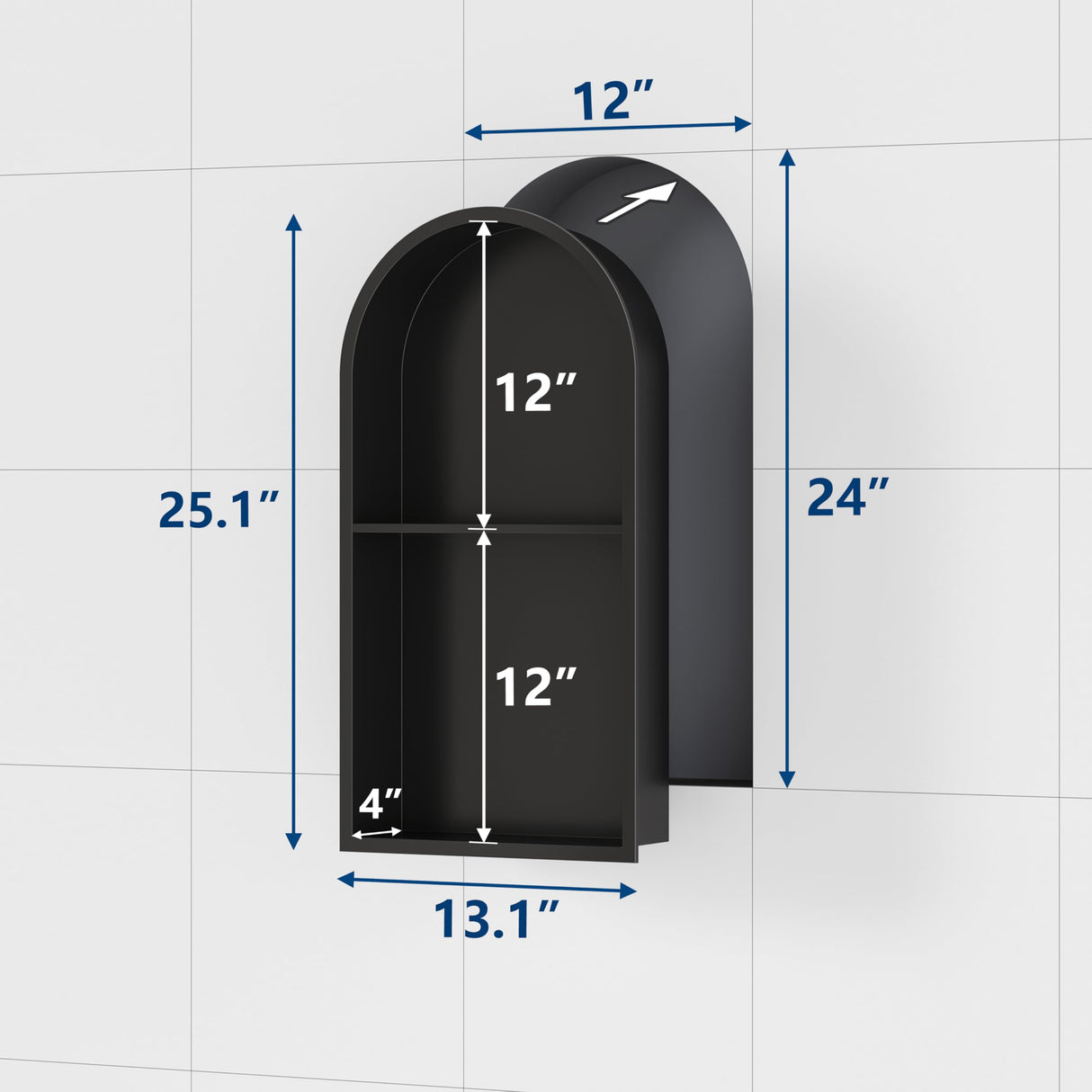 Qeke Stainless Steel Shower Niche 12" X 24", No Tile Needed Arched Niche Double Shelves, Recessed Shower Shelf Arched for Shower Wall, Matte Black Qeke