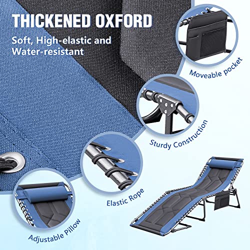 Devoko 4-Fold Padded Portable Folding Outdoor Chaise Lounge Heavy Duty Reclining Chair with Pillow & Side Pocket for Patio, Beach, Pool, Camping, Sunbathing (Blue)