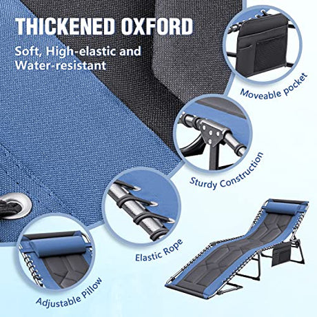 Devoko 4-Fold Padded Portable Folding Outdoor Chaise Lounge Heavy Duty Reclining Chair with Pillow & Side Pocket for Patio, Beach, Pool, Camping, Sunbathing (Blue) Devoko