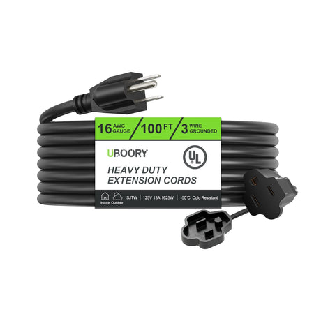 UBOORY Outdoor Extension Cord Waterproof 100 FT, Black 16/3 SJTW Heavy Duty, Flexible 100% Copper 3 Prong Extension Cord for Lawn, Garage,UL Listed uboory