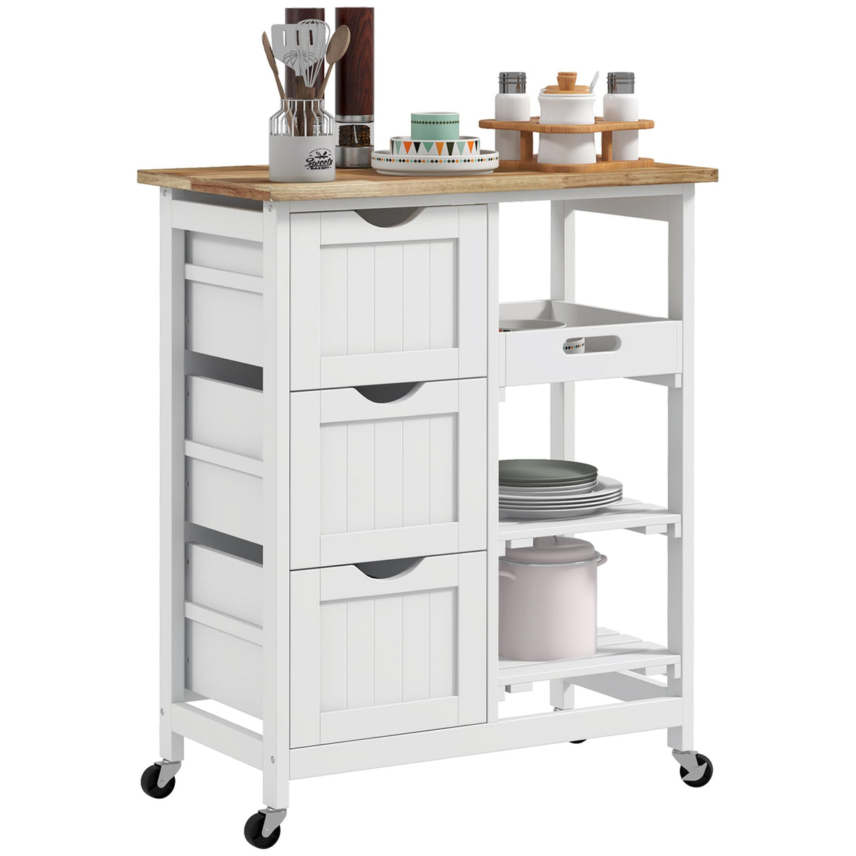 HOMCOM Rolling Kitchen Island Cart, Bar Serving Cart, Compact Trolley on Wheels with Wood Top, Shelves & Drawers for Home Dining Area, White HOMCOM