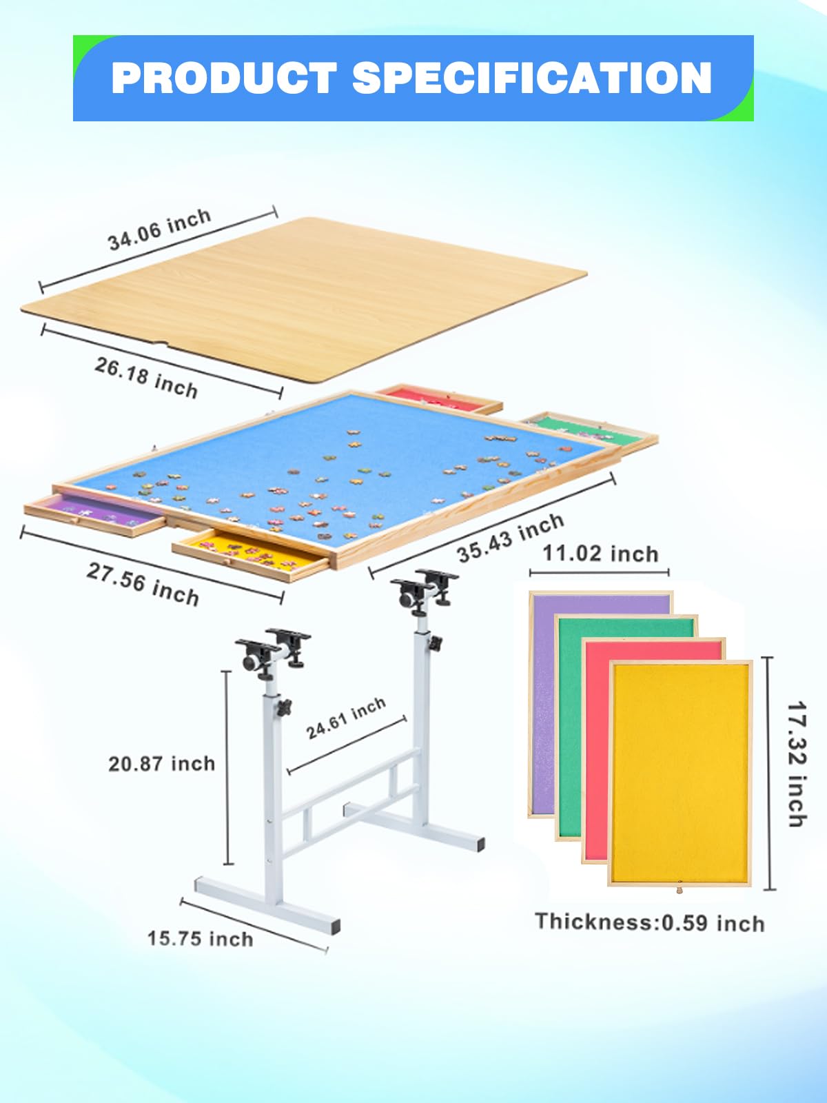 1500 Piece Puzzle Table with Adjustable Metal Legs, 35"x26" Jigsaw Puzzle Tables for Adults with Colorful Drawers, Tilting Puzzle Board | Wooden Top & Blue Felt, Gifts for Puzzle Lovers - WoodArtSupply