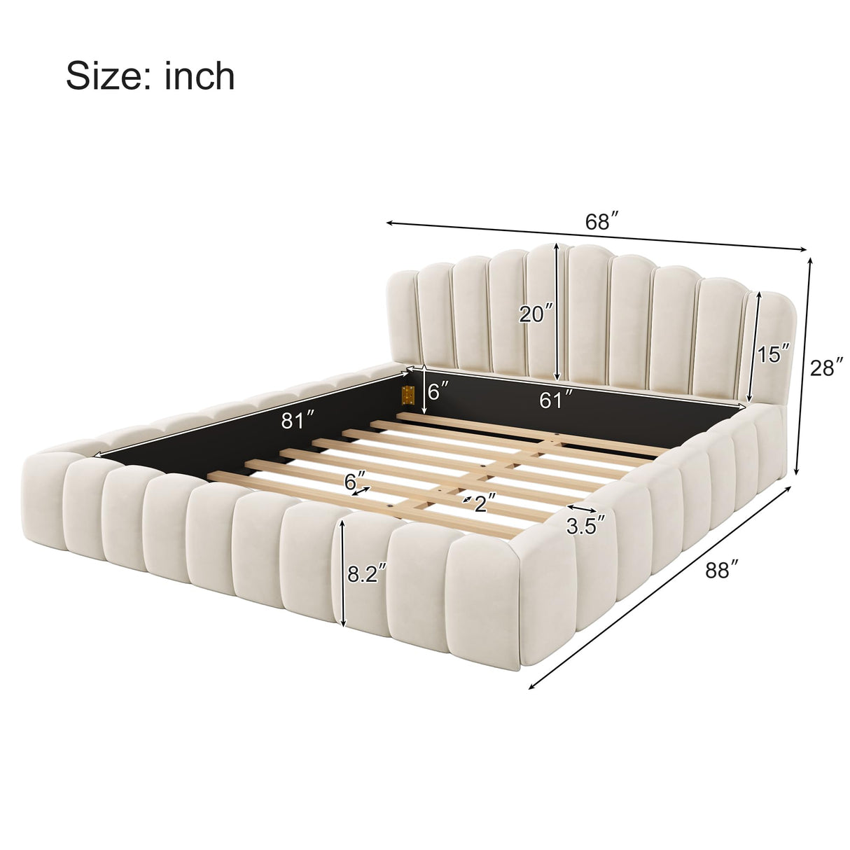 LUSPAZ Queen Size Floor Bed with Shell-Shaped Headboard, Chic Design Velvet Upholstered Queen Bed Frame Decorated with Vertical Seams, Perfect for Apartments, Bedrooms, Guest Rooms, Beige LUSPAZ
