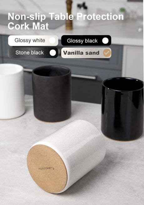 Nucookery Utensil Holder, 6.4" Ceramic Kitchen Utensil Holder for Countertop with Protection Cork Bottom, Vintage Farmhouse Kitchen Decor for Counter, Gift (Sand) Nucookery