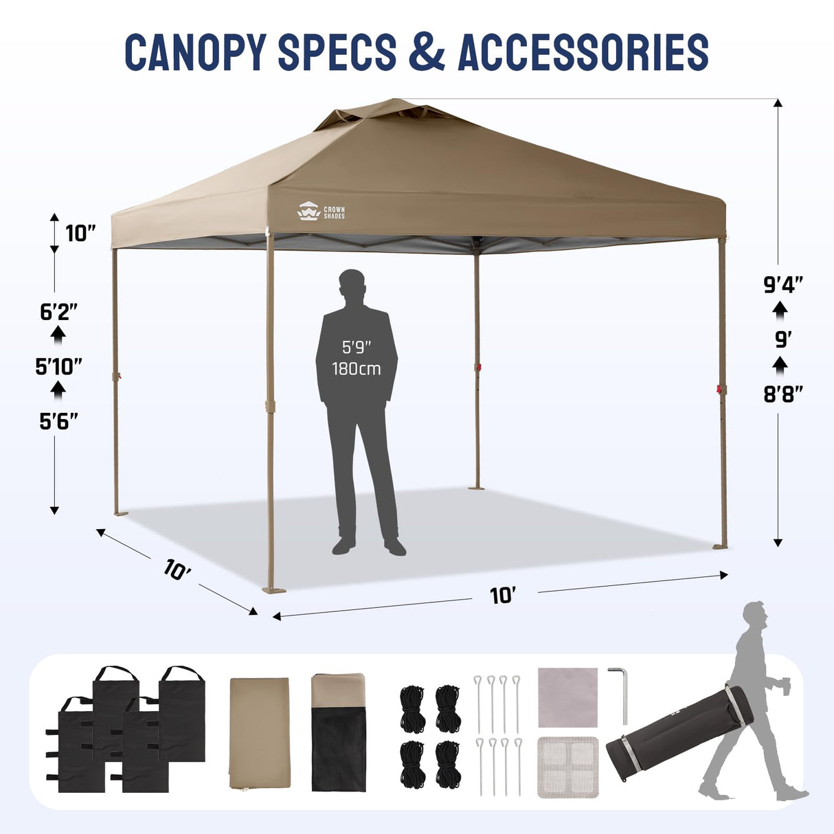 CROWN SHADES 10x10 Pop up Canopy Tent, Pop Up Gazebo with Mosquito Netting, 4 Ropes, 8 Stakes, 4 Sandbags, Wheeled Storage Bag, 10x10 Outdoor Canopy for Patio, Yard (Beige) CROWN SHADES