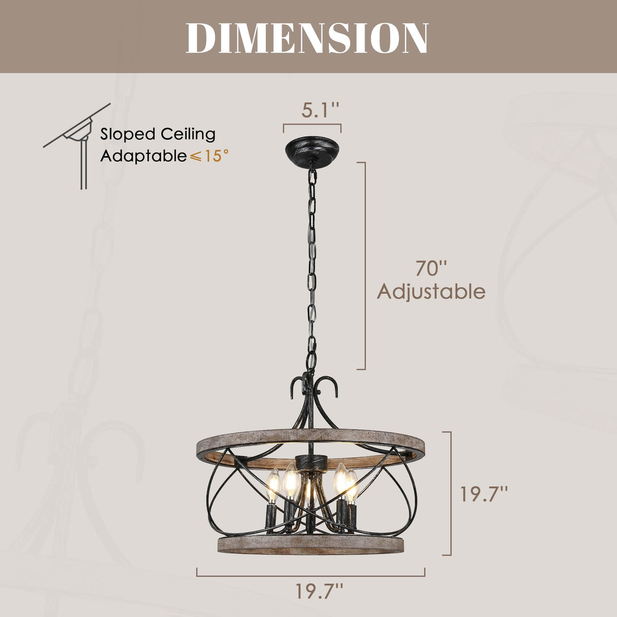 Dawn Whisper Farmhouse Chandelier, 20" Rustic Drum Chandelier Light Fixture Over Table, 5 Light Wood Chandeliers for dining room Dawn Whisper