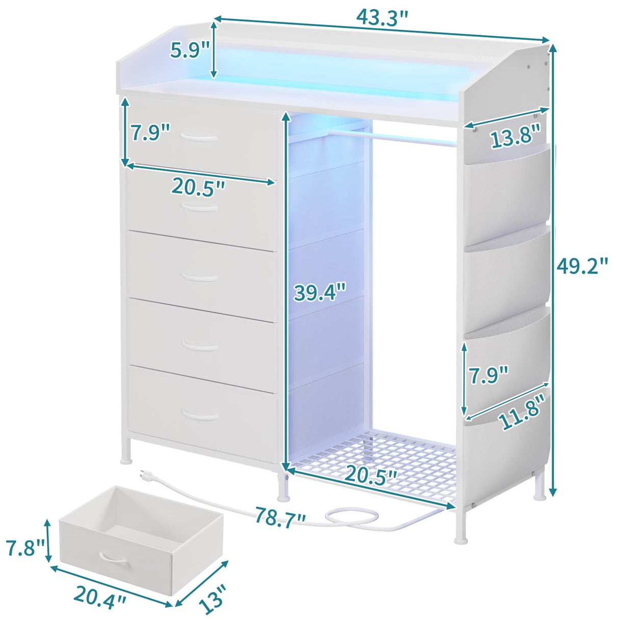 LUMTOK Modern 5 Dresser with LED Hanging Rack, Dresser with Clothes Rack, Hanger Rack, and Storage Drawers, Drawer Dressers with Coat Racks for Bedroom Living Room, Entryway, Closets (White) LUMTOK