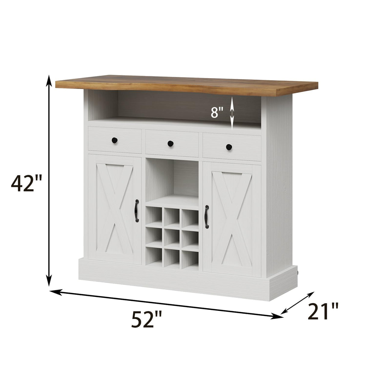 52 Inch Large Home Bar Unit with Foot Rail, 4-Tier Storage Bar Table with 3 Drawers, Farmhouse Wine Bar Cabinet with 9 Wine Rack & 2 Barn Doors, Home Bar Unit with Storage for Living Room, White 4ever2buy