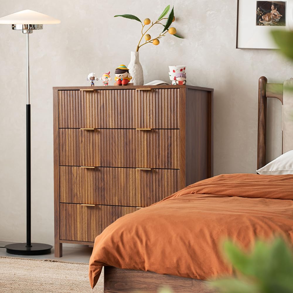 Mid Century Modern Dresser TV Stand, 4 Drawer Dresser Set of 2 for Bedroom Wood, Farmhouse Boho Storage Cabinet Side Table with Solid Natural Wood Legs, Long Wooden Dresser for Closet (Walnut) affeivul