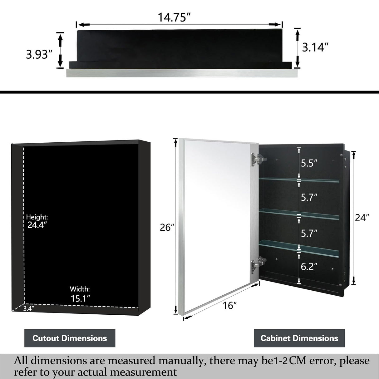 FOMAYKO Modern Medicine Cabinet Mirror Storage for Bathroom Bedroom Surface/Recessed Mount with 3 Shelves (16"x26", Brushed Silver) FOMAYKO