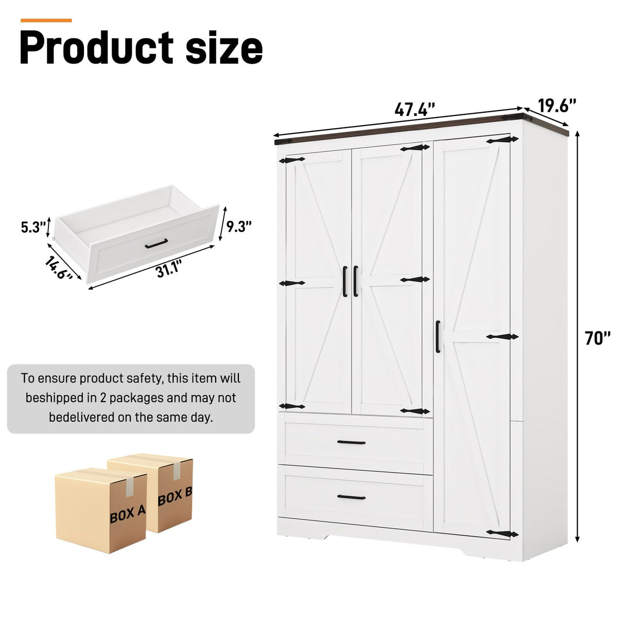 St.Mandyu Farmhouse Wardrobe Armoire Closet with 3 Doors and 2 Drawers, 70.1" Wooden Clothing Storage Cabinet, Freestanding Large Capacity Storage Wardrobe Armoire with Hanging Rod for Bedroom, White St.Mandyu