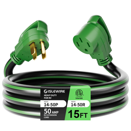 ISLEWIRE 15 Feet 50 Amp RV/EV Extension Cord with Grip Handle, Heavy Duty 6/3+8/1 Gauge STW 4 Prong Power Cord, NEMA 14-50P/R with Cord Organizer for Tesla Model 3/S/X/Y, Black & Green, ETL L - WoodArtSupply