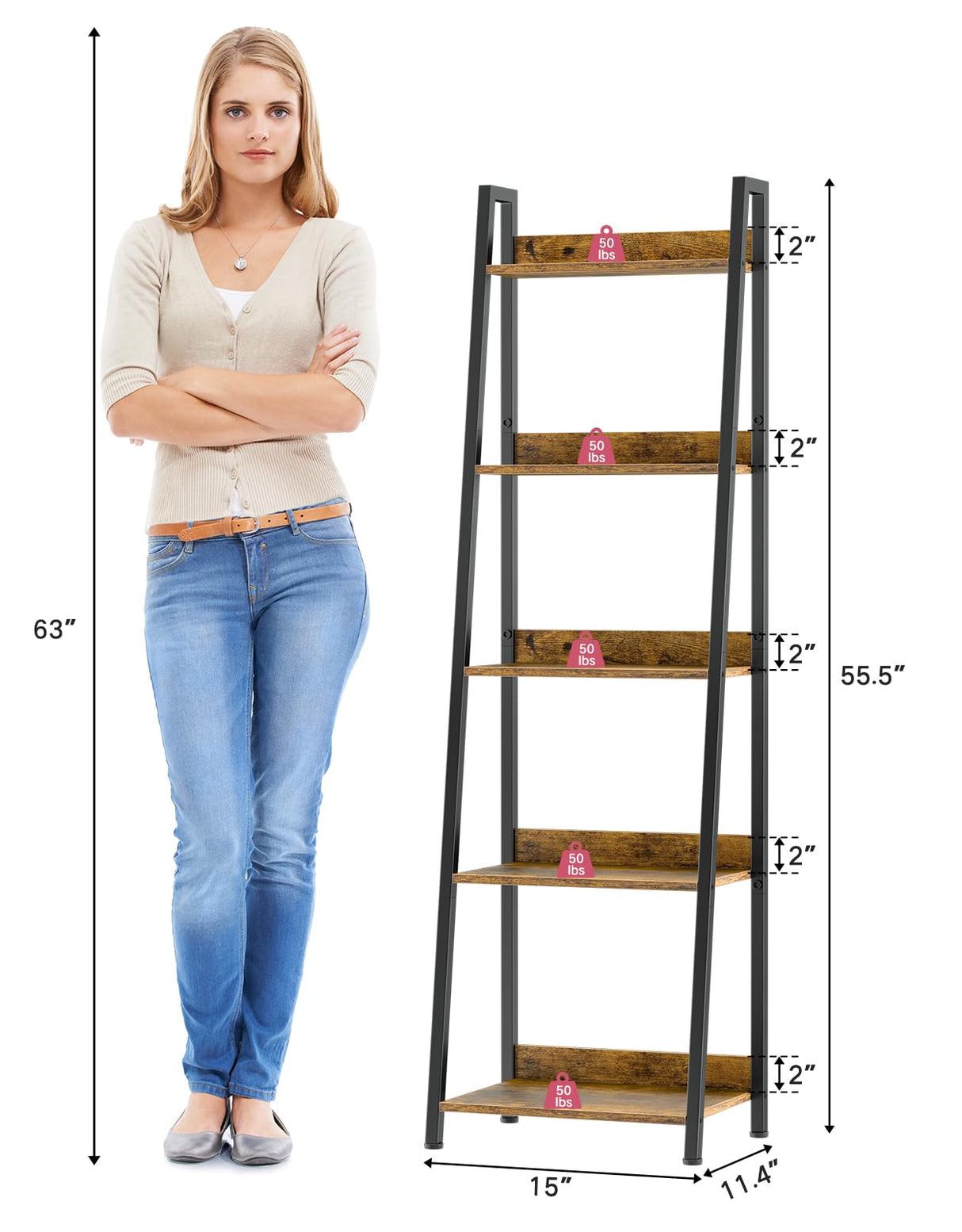 OUTONLIFE 5-Tier Ladder Shelf, Bookshelf with LED Light & Drawer, Rustic Narrow Tall Corner Bookcase with Storage Rack, Wood Metal Standing Display Shelves for Living Room, Bedroom (Rustic Brown) OUTONLIFE