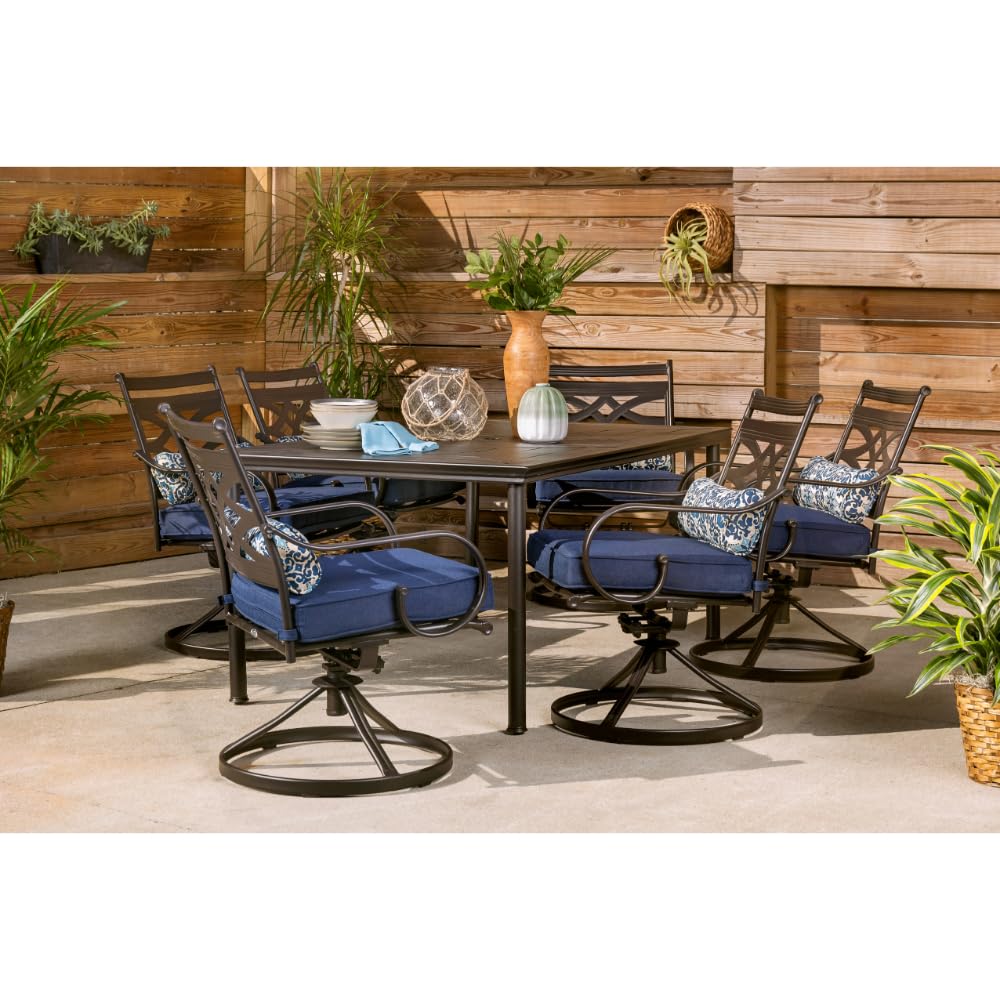 Hanover Montclair 7-Piece Outdoor Dining Set with 6 Swivel Rockers, Navy Blue Cushions and Stamped Steel Rectangular Dining Table, Patio Dining Set for 6, Premium All-Weather Patio Furniture for Deck Hanover