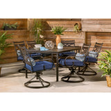Hanover Montclair 7-Piece Outdoor Dining Set with 6 Swivel Rockers, Navy Blue Cushions and Stamped Steel Rectangular Dining Table, Patio Dining Set for 6, Premium All-Weather Patio Furniture for Deck Hanover