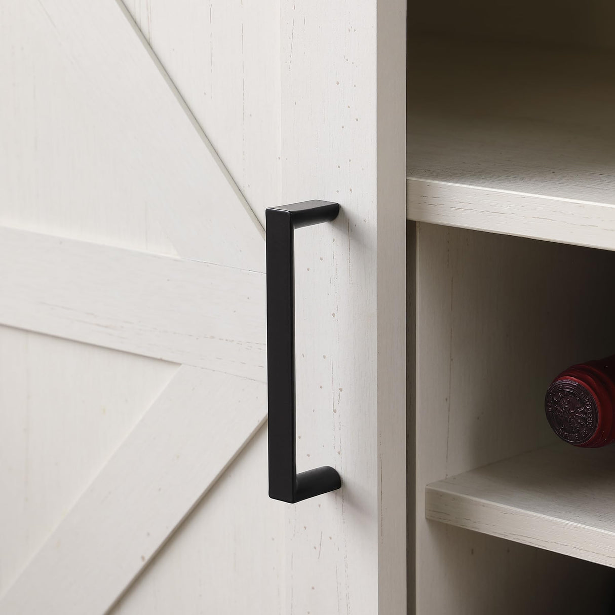 Kebuz House Farmhouse Wine Cabinet with Sliding Barn Door & Open Shelf, Liquor Cabinet with Rack for Inside Cabine，Buffet Table for Dining Room, Kitchen，Off White Kebuz House