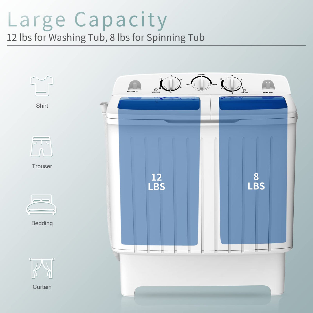 COSTWAY Portable Washing Machine, Twin Tub 18 Lbs Capacity, Washer(11 Lbs) and Spinner(7 Lbs), Durable Design, Timer Control, Compact Laundry Washer for RV, Apartments and Dorms, Blue+White COSTWAY