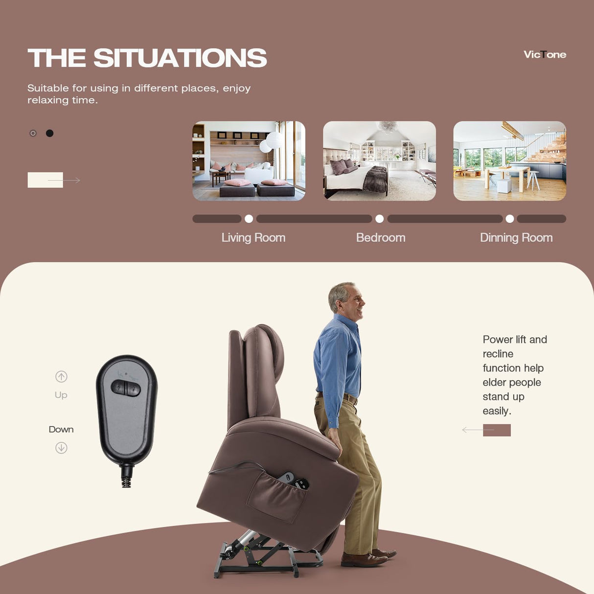 VICTONE Electric Power Lift Recliner Chair for Elderly Reclining Sofa for Living Room with Massage, Side Pockets and Cup Holders (Leather, Brown) VICTONE