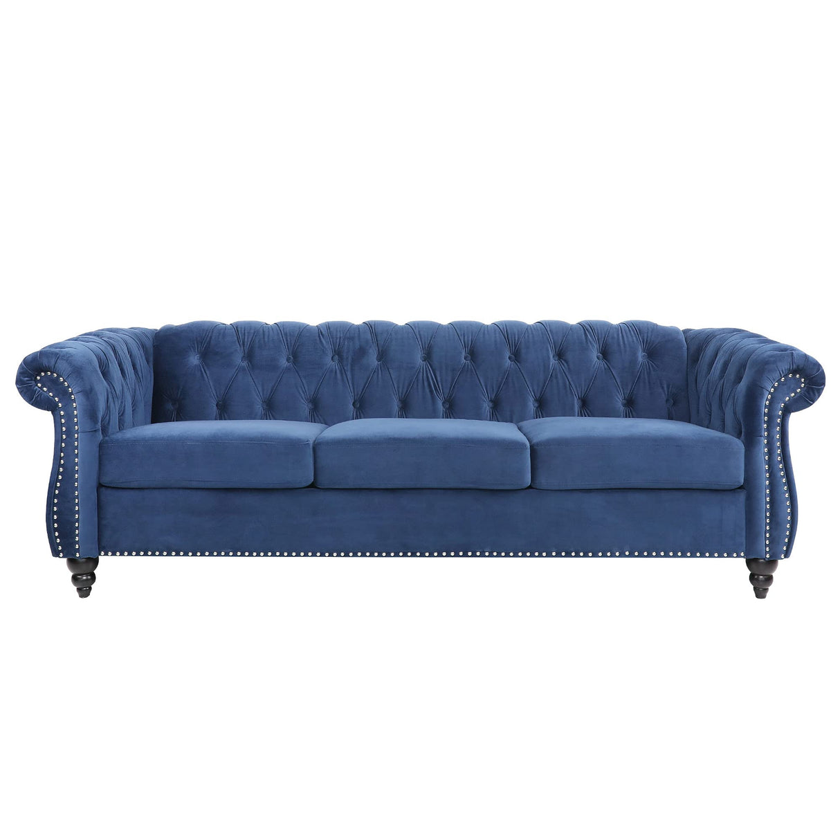 LEVNARY Three-Seat Velvet Sofa, Large Sofa Classic Tufted Chesterfield Settee Modern 3 Seater Couch Furniture Tufted Back for Living Room, Blue LEVNARY
