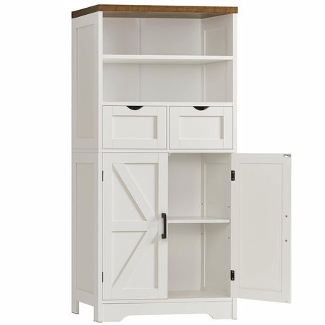 TEENFON Storage Cabinet with Doors & 2 Drawers, Kitchen Cabinet with Adjustable Shelf, Pantry Cabinets, Bathroom Cabinets, for Living Room, Entryway, Home Office, White TEENFON