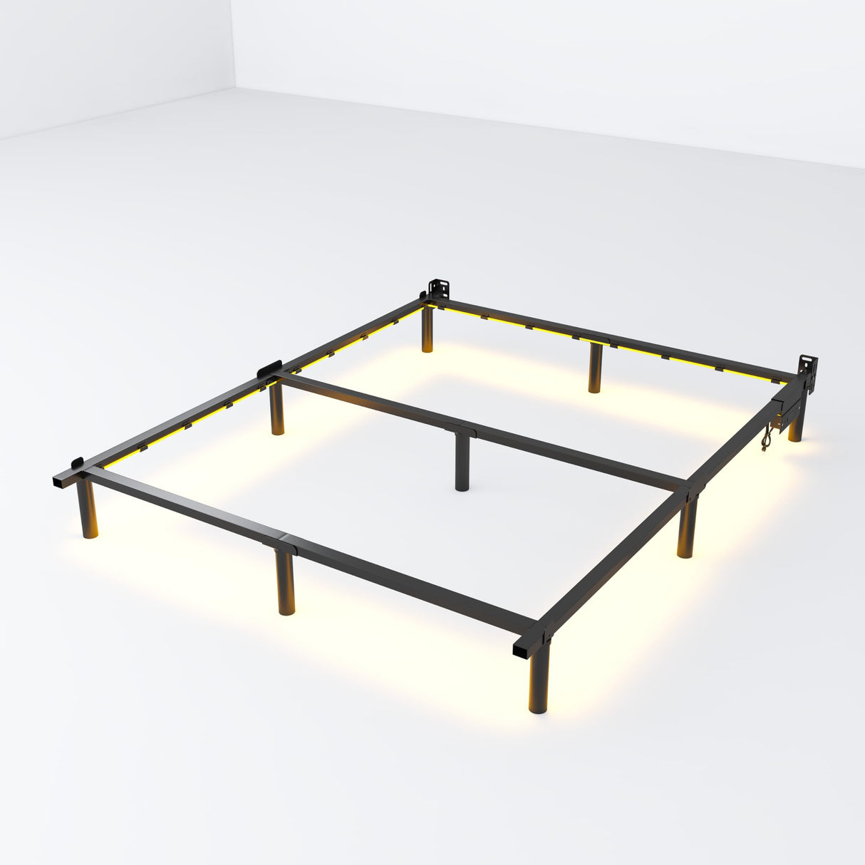 Bed Frame with Charging Station, Queen Bed Frame with LED Lights, 7 Inch High 9-Leg Support Sturdy Bed Base for Box Spring and Mattress, Easy Assembly, Black SHLAND