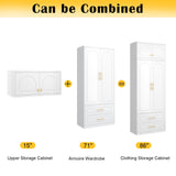 SteeLoong 86" Metal Armoire Wardrobe Closet with 2 Drawers,Tall Clothing Storage Cabinet with Adjustable Shelves and Hanging Rod,White Wardrobe Closet for Bedroom,Home,Office,Gym SteeLoong