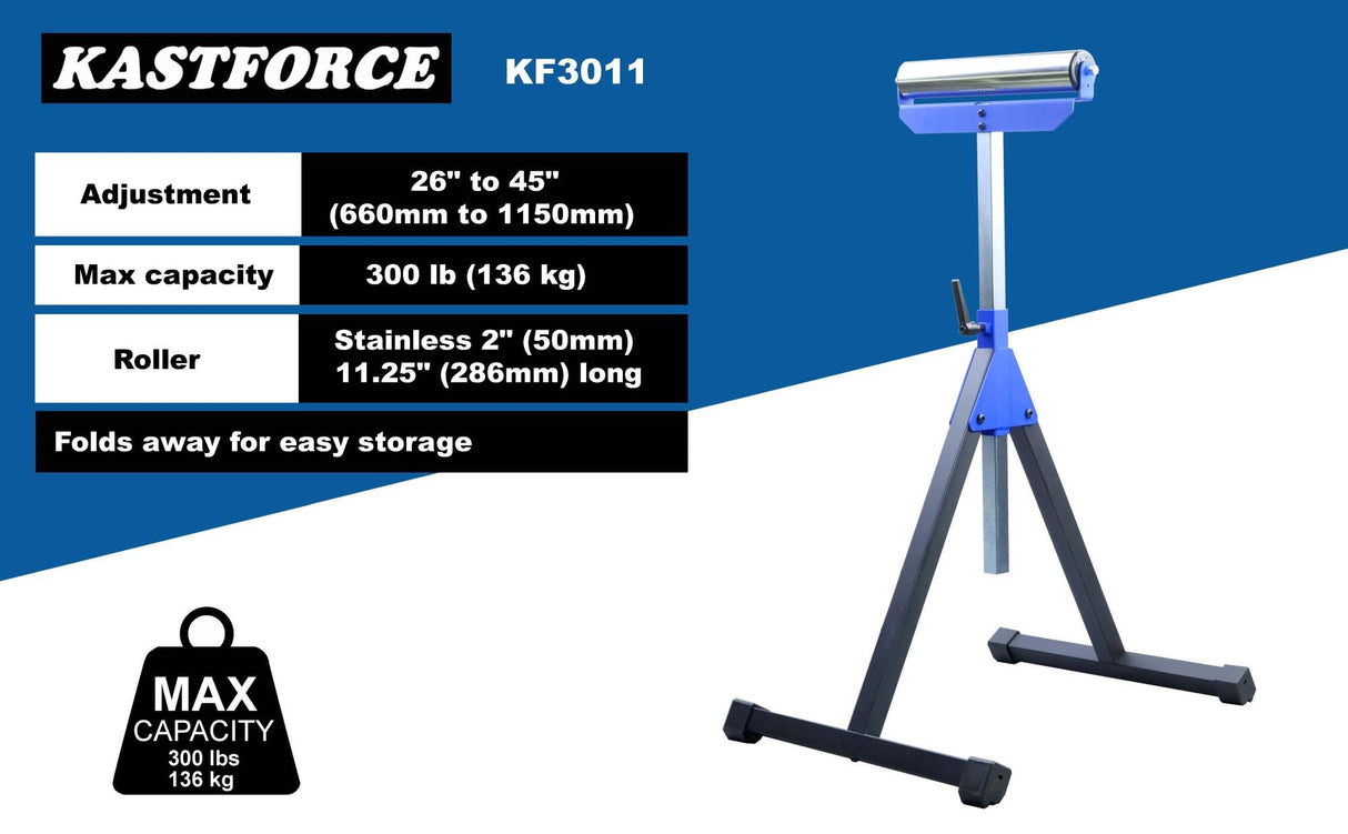 KASTFORCE Heavy-Duty Roller Stand with 2 Inch Roller 300 Lbs 136 kg Capacity, Adjustable Miter Saw Extension, Folds Flat for Easy Storage, Galvanized 2 Inch 50mm Stainless Steel Roller KF3011 KASTFORCE