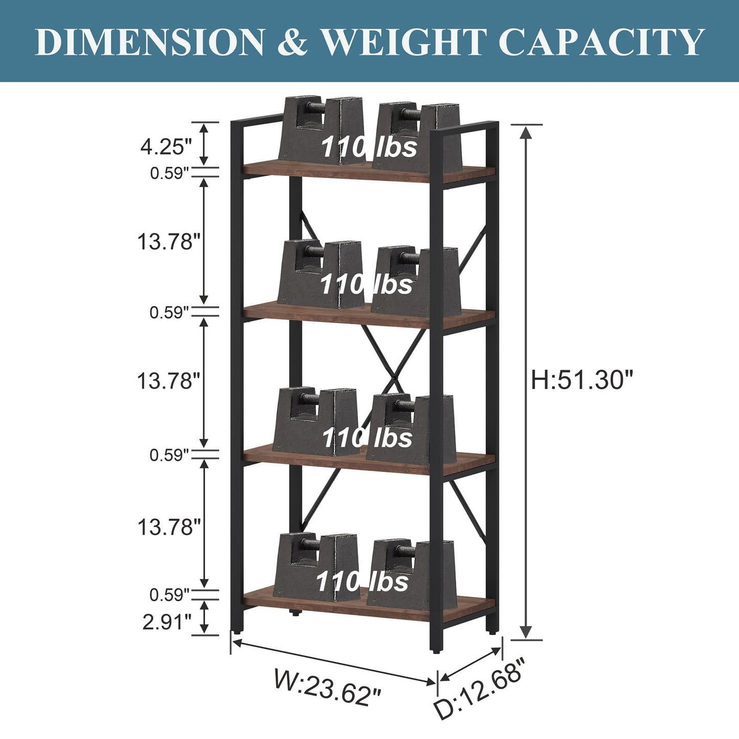 BON AUGURE Rustic Oak 4-Tier Industrial Bookshelf – Modern Open Etagere for Home and Office - WoodArtSupply