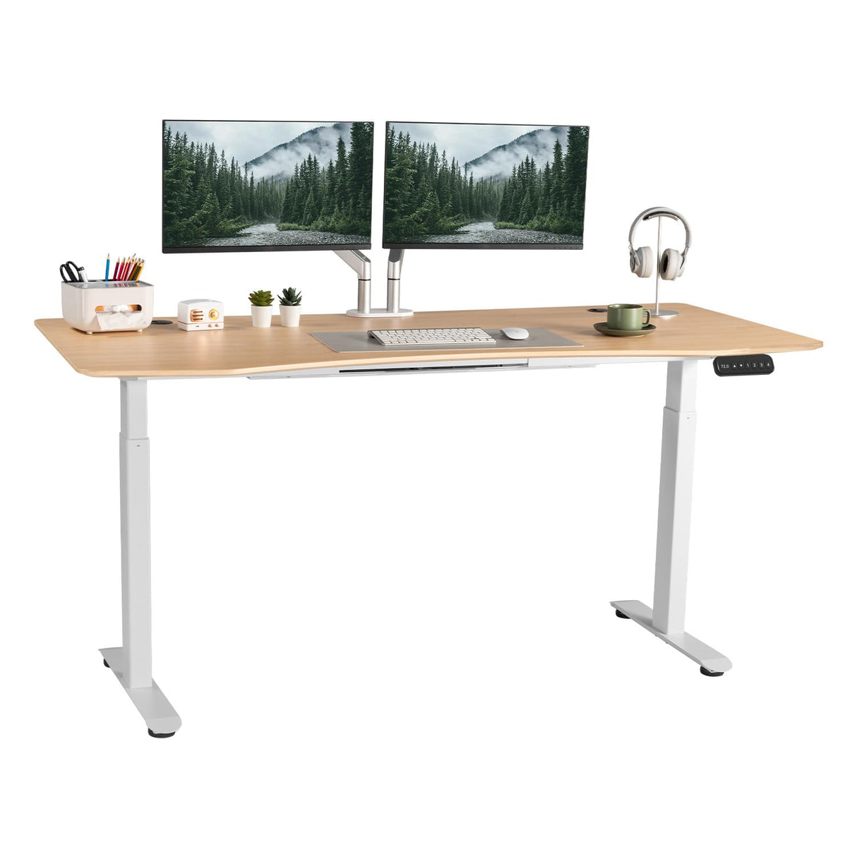 FinerCrafts Electric Standing Desk 71 x 32 Inches Dual-Motor Height Adjustable Desk Electric Sit Stand Desk Home Office Desks Whole Piece Desk Board (Natural Maple Desktop/White Frame) FinerCrafts