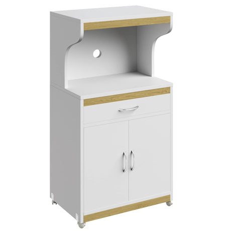 Lavish Home Microwave Stand with Storage – Rolling White Cabinet with Doors, Drawer, and Locking Wheels – Freestanding Wood Cart (White and Oak) Lavish Home